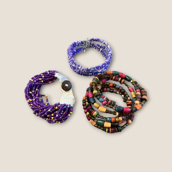 Lot Of 3 Beaded Bracelets Multi-Color wood & Purple Stretch Jewelry Accessories - Picture 2 of 3